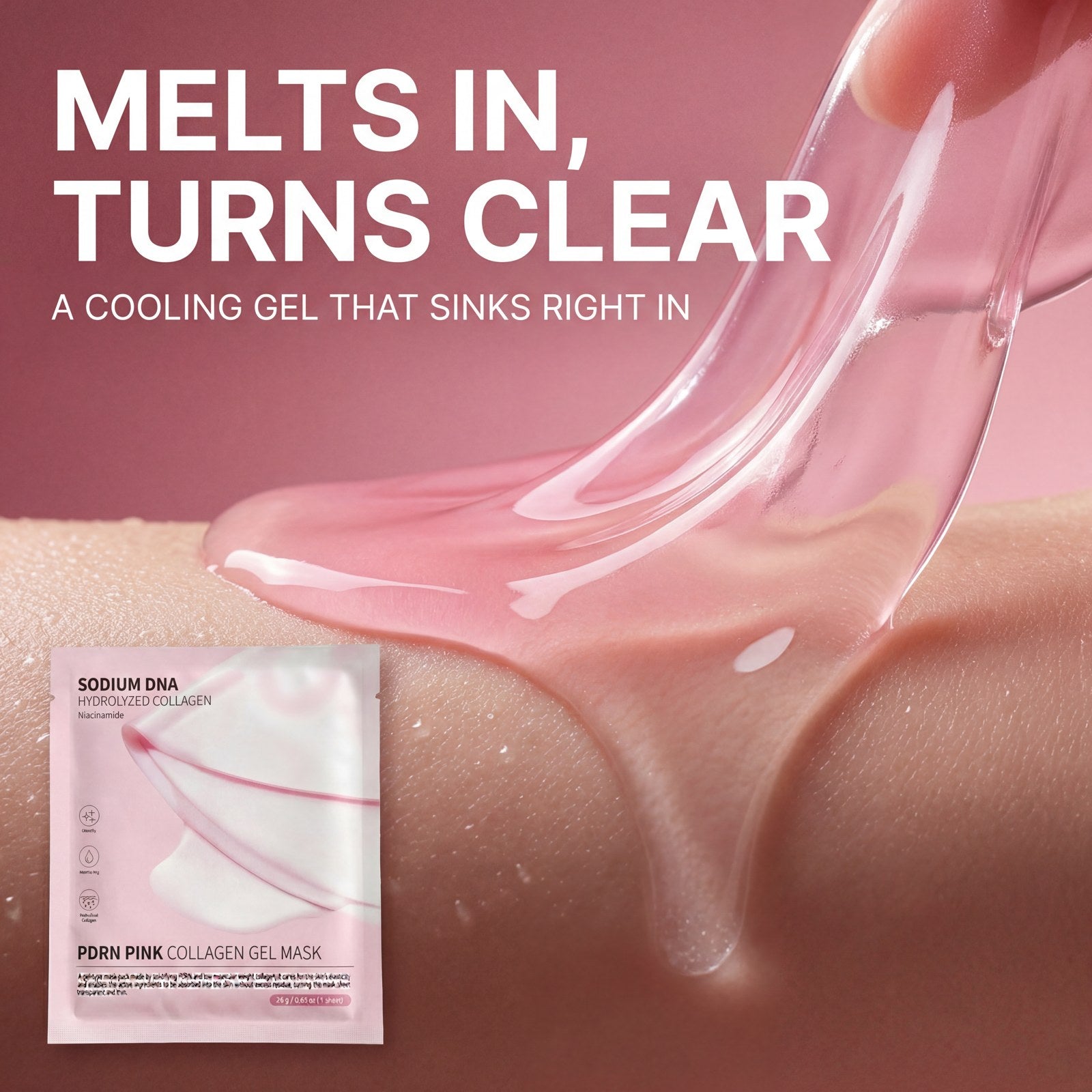 Translucent pink PDRN collagen hydrogel gel mask texture, turns clear as it absorbs