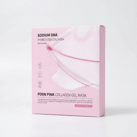 thejijo PDRN Pink Collagen Mask showing a close-up of the pink sheet mask with collagen ingredients for skincare.