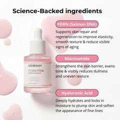 Sérum anti-âge au peptide rose DDBSHIY PDRN par the jijo, flacon de 30 ml avec emballage rose et blanc sur fond blanc.