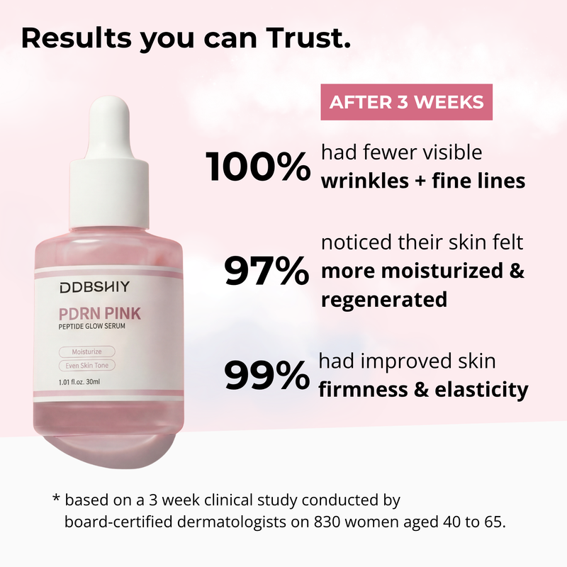 the jijo DDBSHIY PDRN Pink Peptide Anti-aging Serum in 30ml bottle, featuring a pink hue and smooth serum texture.