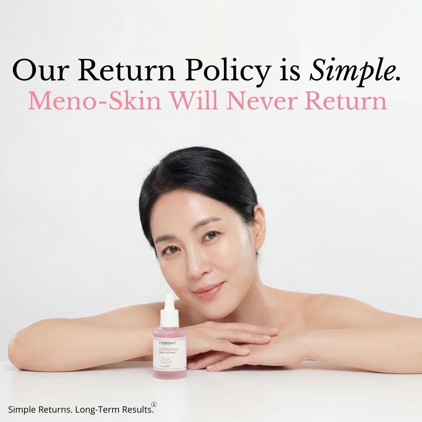 Woman holding a skincare bottle with humorous return policy text on a white background