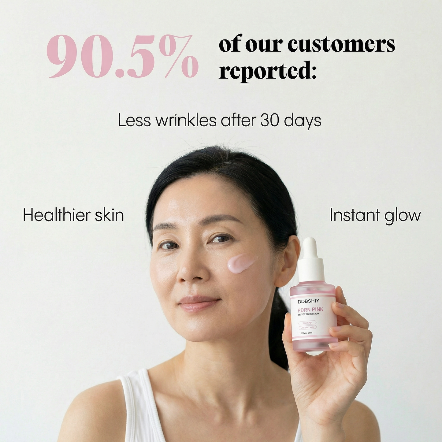 Woman holding a skincare product with text about customer feedback on skin improvement.