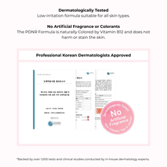 Carte d'information produit avec détails des tests dermatologiques sur fond blanc